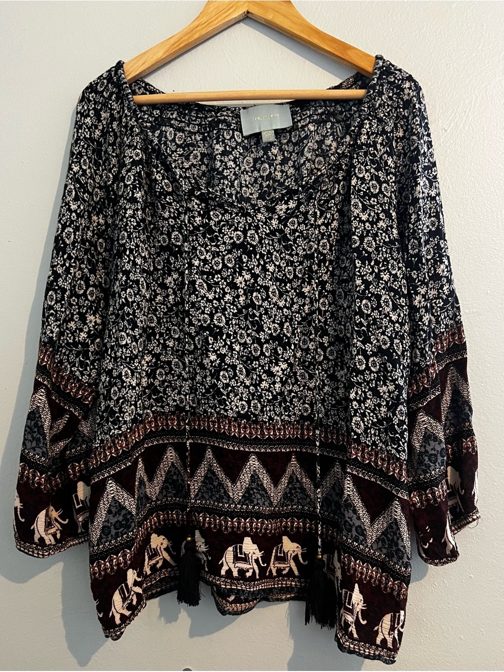 Skies Are Blue Black & White Floral Peasant Tunic with Elephant Border